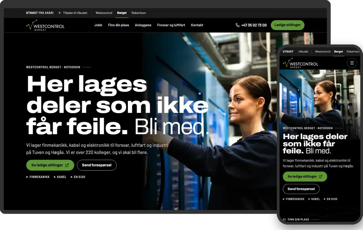 Skjermbilder av siden for Westcontrol Berget på skrivebord og mobil