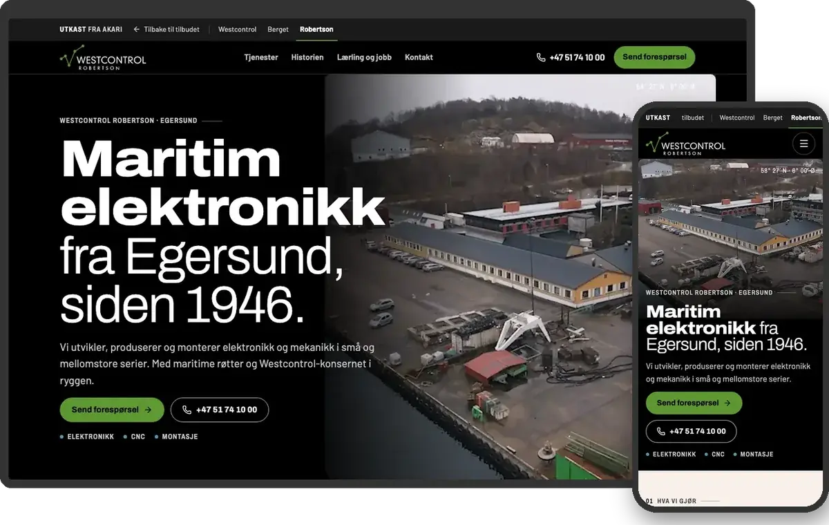 Skjermbilder av siden for Westcontrol Robertson på skrivebord og mobil