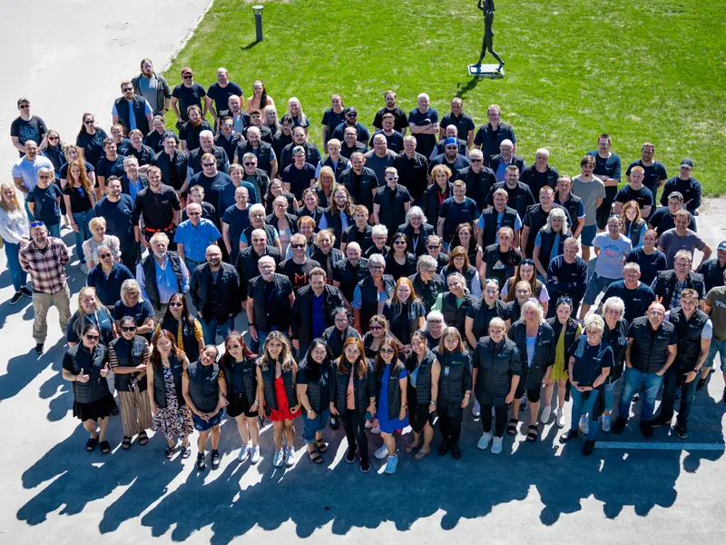 All employees of Westcontrol Berget gathered outside, seen from above