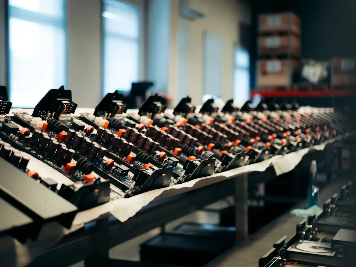A row of identical assemblies on a production line