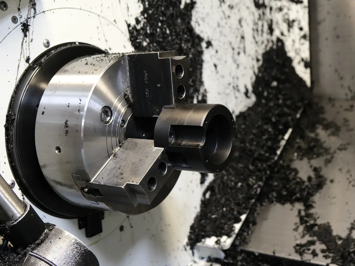 Close-up of a CNC lathe chuck with metal chips