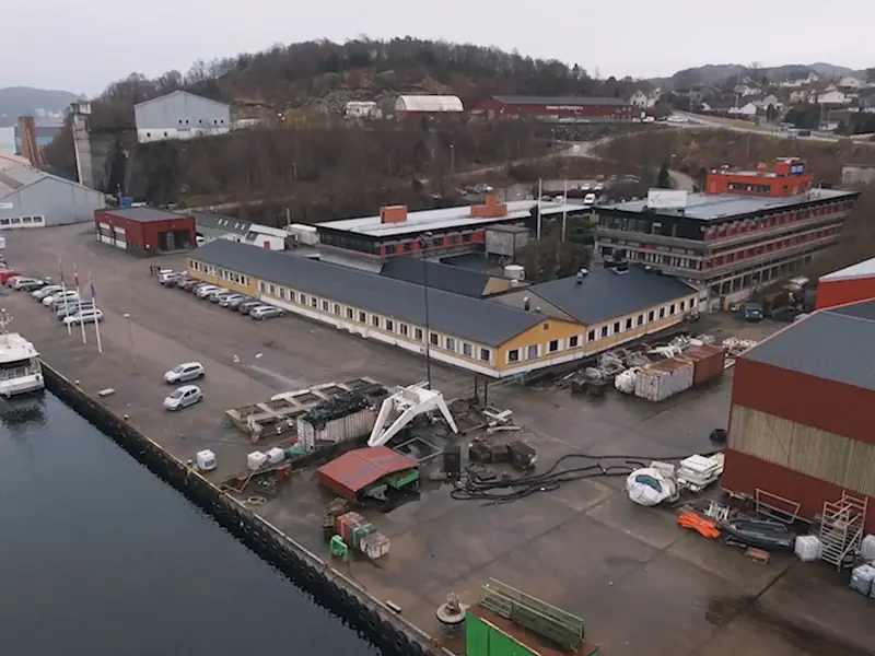Aerial view of the harbour in Egersund with the Westcontrol Robertson factory
